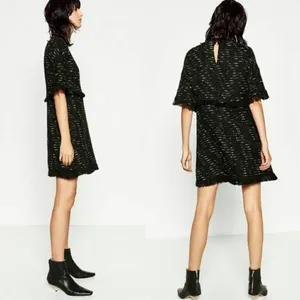 Zara Black Fringe Tweed Textured Knit Wide Sleeve Aline Mini Dress Medium thumbnail 13