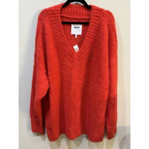 New Aerie Fuzzy Plush Teddy Oversized V-Neck Sweater Red Women's Size XXL Cozy thumbnail 5