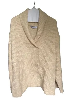 Zara Pullover Sweater Tan Size M Shawl Collar V Neck Winter Casual Work thumbnail 1