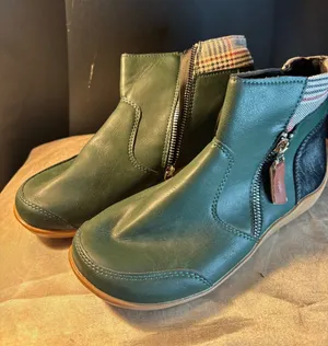 Green Faux Leather Plaid Trim Ankle Boots Dual Zip Flat Booties women's 5 thumbnail 1
