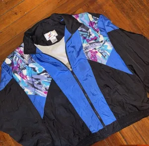 Y2K X-Team windbreaker jacket with blue, black, and multicolored abstract print thumbnail 1