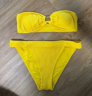 aerie Yellow Textured Bandeau Bikini Set with Ring Detail thumbnail 1