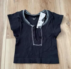 Out From Under by Urban Outfitters Go For Gold seamless black crop top with a notched neckline and grey thumbnail 2
