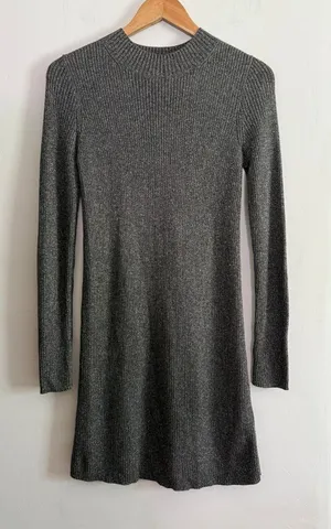 MADEWELL | Mock Neck Rib Knit Gray and Gold Lurex Sweater Dress| Small thumbnail 1