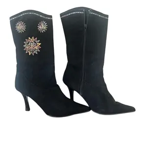 Splash fusion Foot Wear Black Velvet Embroidered Western Heel Boots Size 7 thumbnail 2