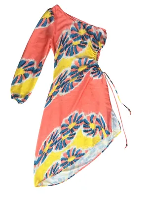 By Anthropologie Women’s One Shoulder Coral Floral Asymmetrical Hem Midi Dress thumbnail 2