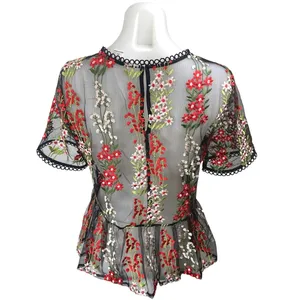 Loveriche Black Mesh Sheer Floral Embroidered Short Sleeve Peplum Blouse Top M thumbnail 2