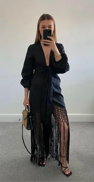 Zara dress midi black linen fringed fringes boho thumbnail 1
