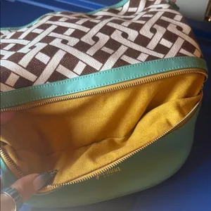 Spartina 449 Madison Stanley Bucket Bag Linen Liner Leather Teal Brown Geometric thumbnail 3