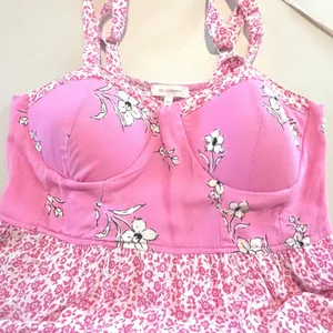 No Comment Cottagecore Floral Bustier‎ Maxi Dress Smocked Tiered Pink White Women's Large thumbnail 4