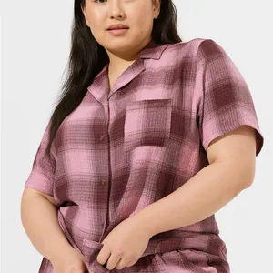 Torrid Gauze Button Through Epic Plaid‎ Short Sleeve Pocket Sleep Shirt Pink 0 thumbnail 1