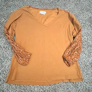 Anthropologie Mustard Orange Floral Balloon Sleeve V-Neck Thermal‎ Top Mens M thumbnail 1