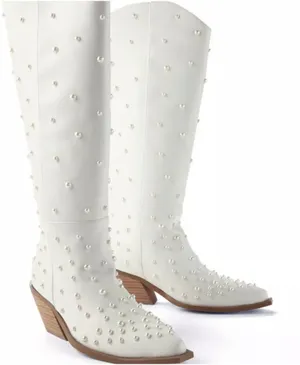 Tall White Western Cowgirl Boots Pearl Detail Knee High thumbnail 1