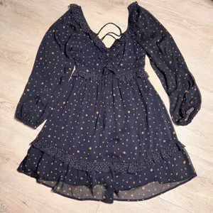 LUMIERE Navy Blue Polka Dot Lace Up Ruffle Mini Dress Womens‎ Small S thumbnail 2