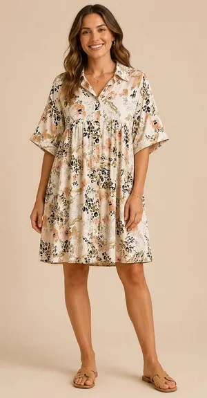 Entro Womens XL Floral Leopard Print Babydoll Shirt Dress Cream D18761P thumbnail 1