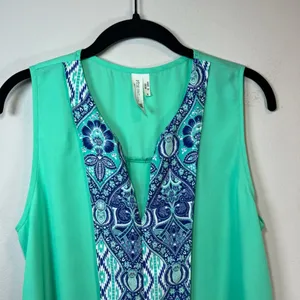 Pink Owl Sleeveless Blouse Shirt Aqua Blue Split Neck Lightweight Women's Medium thumbnail 5