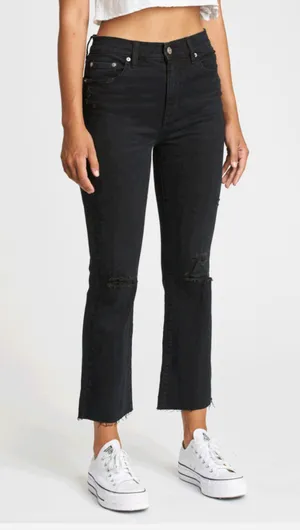 DAZE Shy Girl Black High-Waisted Distressed Cropped Flare Jeans thumbnail 1