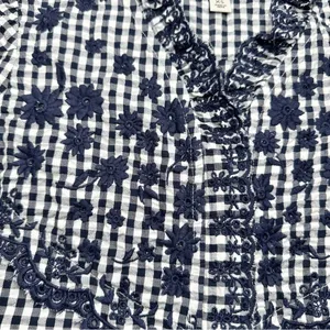 J.Crew Embroidered Indigo Crinkled Gingham Short Sleeve Navy White Top Cotton XS thumbnail 9