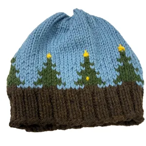 Vintage Handmade Knit Beanie Winter Tree Star Landscape Blue Brown Hat‎ Womens thumbnail 1