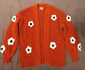 Cato Rust Orange Open-Front Cardigan with White Flower Accents thumbnail 1