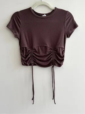 Garage Ribbed Cropped Tie Front Top, Casual Going Out Top, Brown, Size Medium thumbnail 1