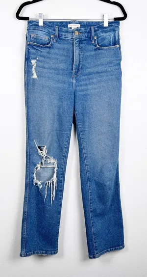 Good American Distressed High‎ Rise Straight Leg Jeans Blue Size 6 thumbnail 1
