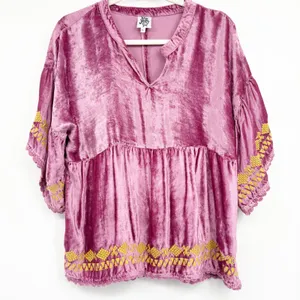 Ivy Jane Womens Purple Velvet Embroidered Boho Flowy Babydoll Blouse‎ Top Size L thumbnail 1