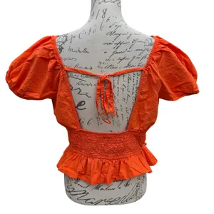 Sim & Sam Paolina Red V-Neck Ruched Peplum Top Open Back Puff Sleeve‎ Cotton XL thumbnail 8