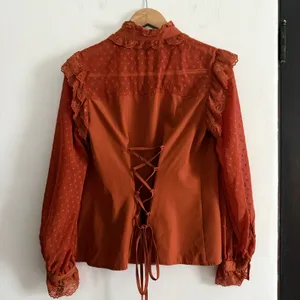 SCARLET DARKNESS Burnt Orange Victorian Style Lace Yoke Lace up Blouse Medium thumbnail 5