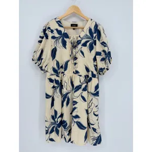 MSK Floral Linen Babydoll Midi Dress‎ Puff Sleeve Cottagecore Blue Medium NWT thumbnail 2
