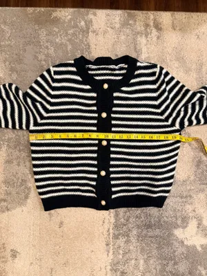 SHEIN Black & White Striped Crewneck Pearl Button Cardigan thumbnail 5