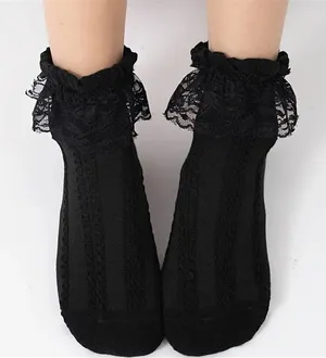 Ruffle Lace Trim Socks Black thumbnail 1