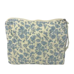 Floral Quilted Cosmetic Bag Blue & Cream Makeup Pouch, Travel Toiletry Zipper thumbnail 2
