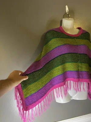Colorful Striped Poncho Womens One Size Multicolor Fringe Knit Boho Lightweight thumbnail 4