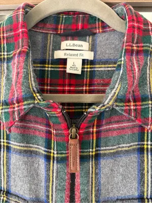 L.L.Bean gray plaid quarter-zip flannel shirt relaxed fit Zip front Cotton sz L thumbnail 2