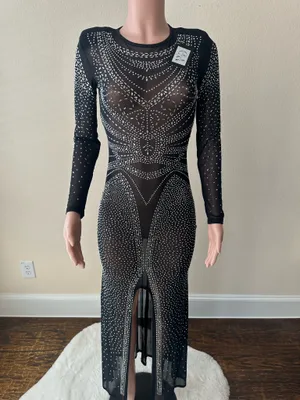 Brand New! Special Occasion Black Crystal Mesh Dress – Size Medium thumbnail 6
