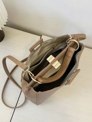 Twist lock Taupe tan Top-Handle Satchel Bag with crossbody faux leather thumbnail 5