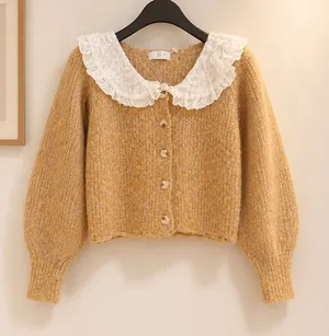 Lush Taupe Knit Cardigan with White Eyelet Peter Pan Collar thumbnail 1