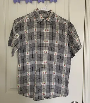 Vintage adult black cream checkered plaid cherry embroidered button‎ down shirt thumbnail 1