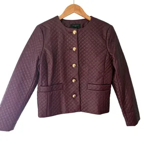 Talbots Petite Quilted Faux Leather Jacket 8P Burgundy Gold Crest Buttons thumbnail 1