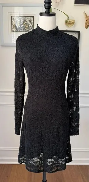 Bardot Stretchy Black Lace Long Sleeve Mock Neck Skater Dress M 6 thumbnail 1