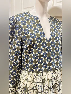 Tuckernuck 100%Cotton Boho Olive & Blue Floral Print Pleated Dress Size Large thumbnail 6