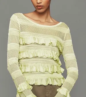 Anthropologie Ruffle Open Knit Sweater Womens Large Lime Green Feminine Coquette thumbnail 1