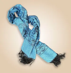 Blue and Black Paisley Pattern Acrylic Scarf with Fringe thumbnail 1