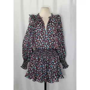 RAMY BROOK Silk Penelope Dress Roco Floral Mini Ruffled Smocked Purple Teal XS thumbnail 2