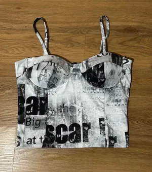 Y2K Liz & Sari’s Newspaper Print Bustier Crop Top Women’s Small Corset thumbnail 1