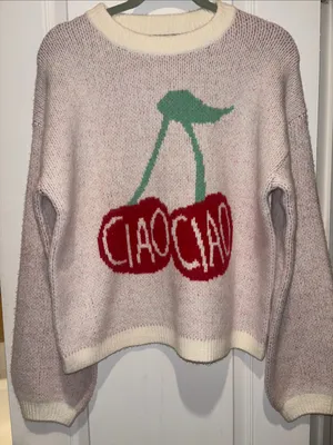 A New Day…Soft White And Pink Knit Pull Over Sweater With Red Cherry Graphic Nwt thumbnail 1
