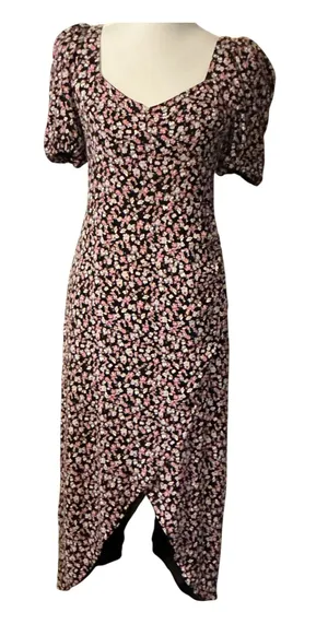 Ditsy Floral Puff Sleeve Midi Dress Sweetheart Neck Smocked Back Split Hem thumbnail 2