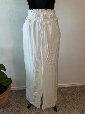Happily Grey White Paperbag Waist Drawstring Wide-Leg Linen-Blend Pants thumbnail 6