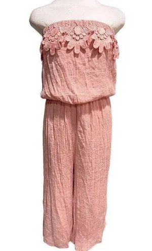 Kings Road Pink Strapless Jumpsuit Capri Lace Ruffle Size M thumbnail 1